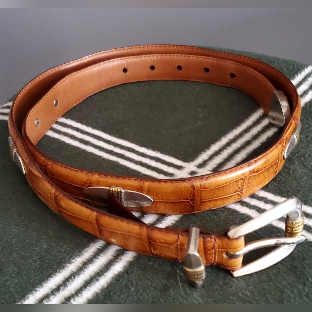 Italian Croco Calfskin Tan Leather Belt with Silver Accents By Arden Leather Co